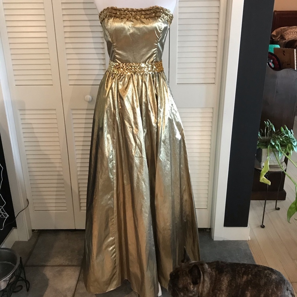 Vintage Gunne Sax Dress Floor Length Formal Gold Gown with Sequin Bodice Size 9